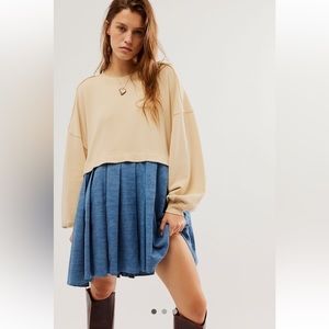 Free People Eleanor Denim Sweatshirt Denim Hem Pleating Heart Stitching Indigo